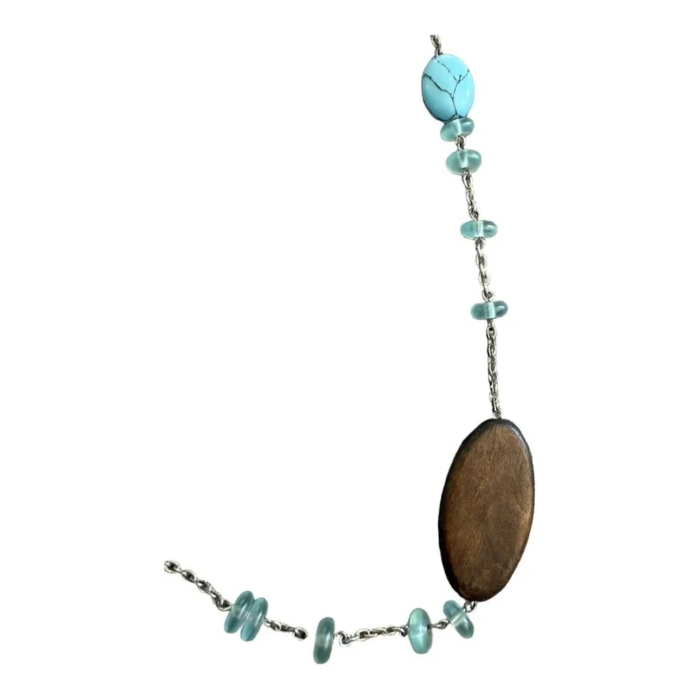Lia Sophia Wood and Turquoise Glass Bead Necklace Blue 20mm 34 inch